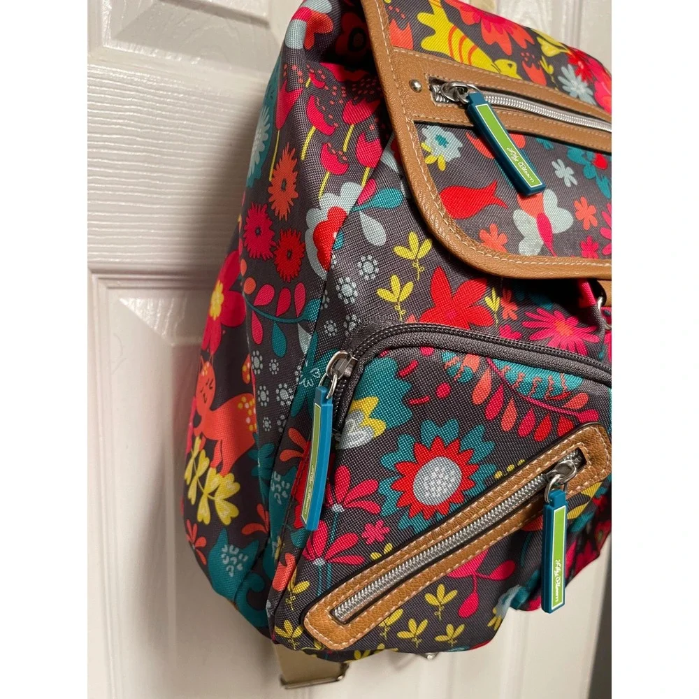 Lily Bloom Floral Cat Print Backpack Multi Color Recycled Fabric Drawstring Bag